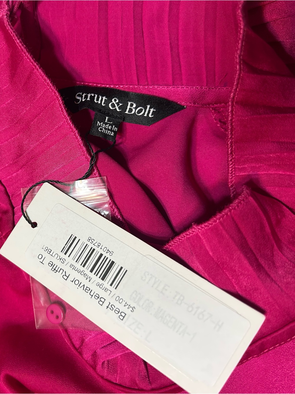 Strut and Bolt Best Behavior Ruffle Fuchsia Pleated Hem Mock Neck Blouse - Picture 5 of 6